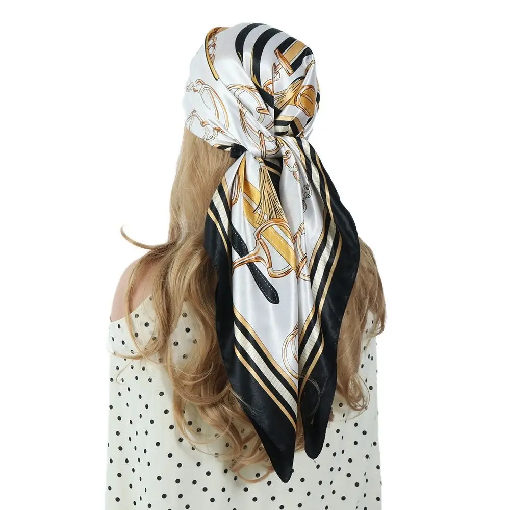 New Versatile Retro Chain Printed Silk Scarf with Simulated Satin Complexion Ding 90cm Fashionable Large Square Scarf