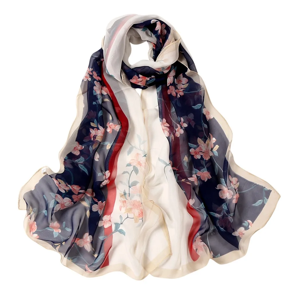 Floral Print Silk Scarf Women Elegant Scarves Soft Shawls and Wraps Female Beach Sunscreen Hijab Bandana Headscarf Foulard