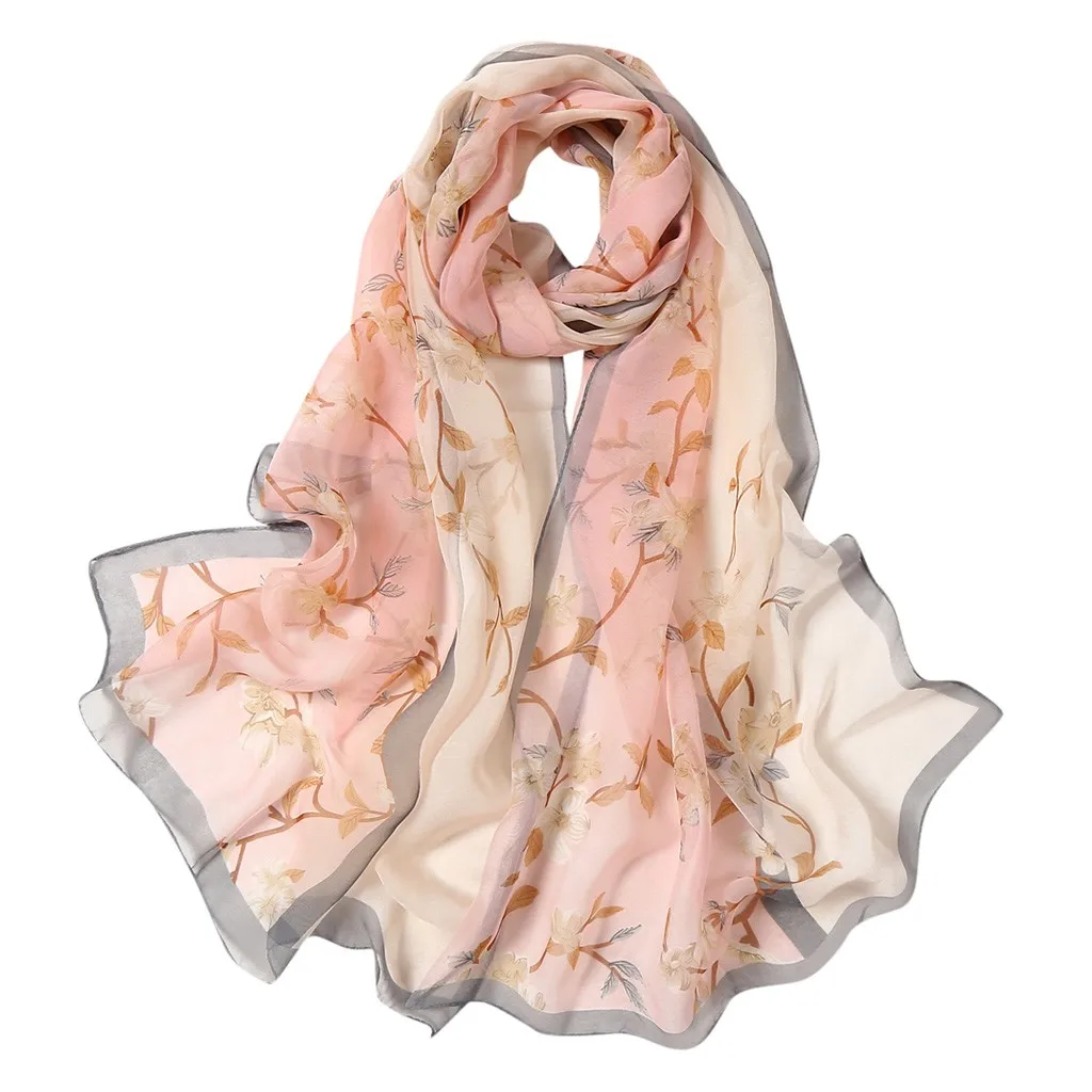 Floral Print Silk Scarf Women Elegant Scarves Soft Shawls and Wraps Female Beach Sunscreen Hijab Bandana Headscarf Foulard