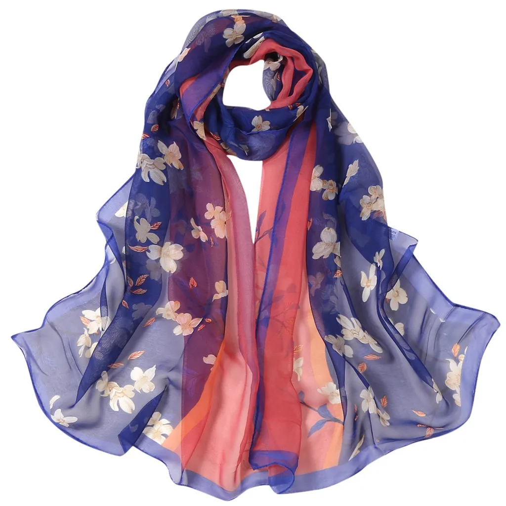 Floral Print Silk Scarf Women Elegant Scarves Soft Shawls and Wraps Female Beach Sunscreen Hijab Bandana Headscarf Foulard