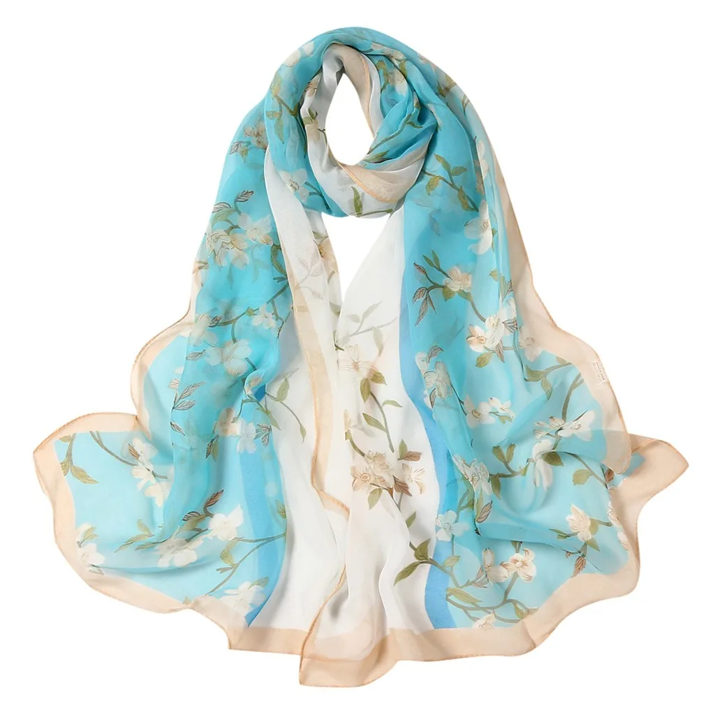 Floral Print Silk Scarf Women Elegant Scarves Soft Shawls and Wraps Female Beach Sunscreen Hijab Bandana Headscarf Foulard