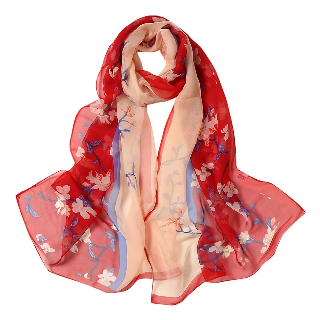 Floral Print Silk Scarf Women Elegant Scarves Soft Shawls and Wraps Female Beach Sunscreen Hijab Bandana Headscarf Foulard