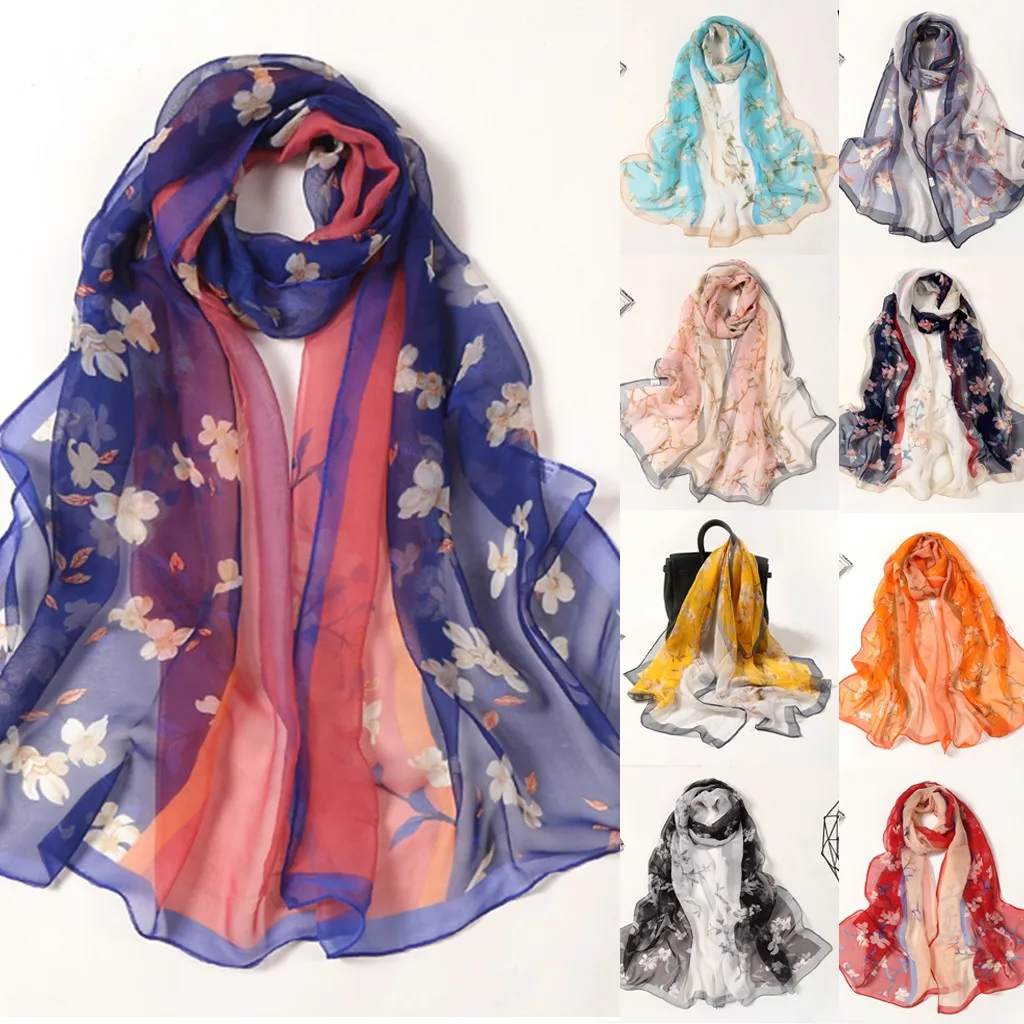 Floral Print Silk Scarf Women Elegant Scarves Soft Shawls and Wraps Female Beach Sunscreen Hijab Bandana Headscarf Foulard