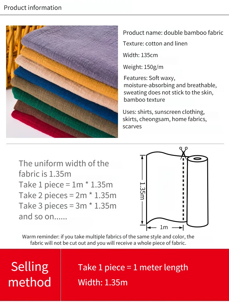 Ethnic Style Double Bamboo Cotton Linen Fabric Per Meter for Shirt Dress Cheongsam Scarf Diy Sewing Soft Needlework Plain Cloth