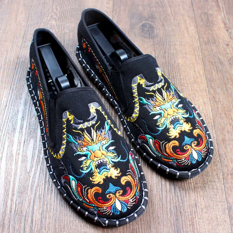 Old Beijing Work Shoes Men's Casual Cloth Shoes Autumn and Winter Ghost Facial Makeup Chinese-style Embroidered Shoes Male