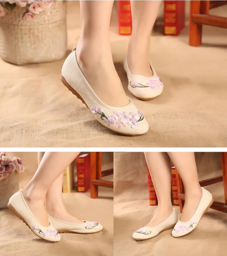 Chinese Women Flower Embroidered Flat Shoes Comfortable and Breathable Cotton and Linen Fabric Round Toe Shallow Casual Shoes