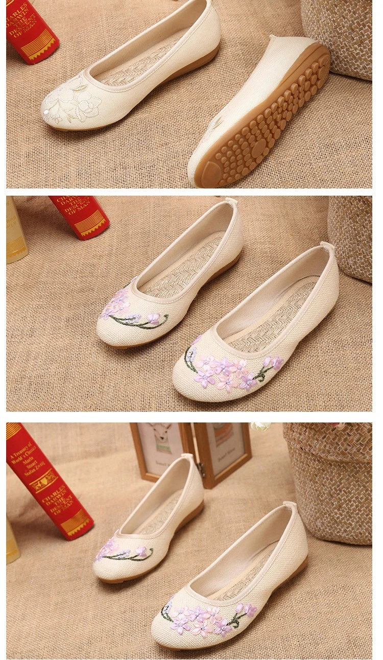 Chinese Women Flower Embroidered Flat Shoes Comfortable and Breathable Cotton and Linen Fabric Round Toe Shallow Casual Shoes