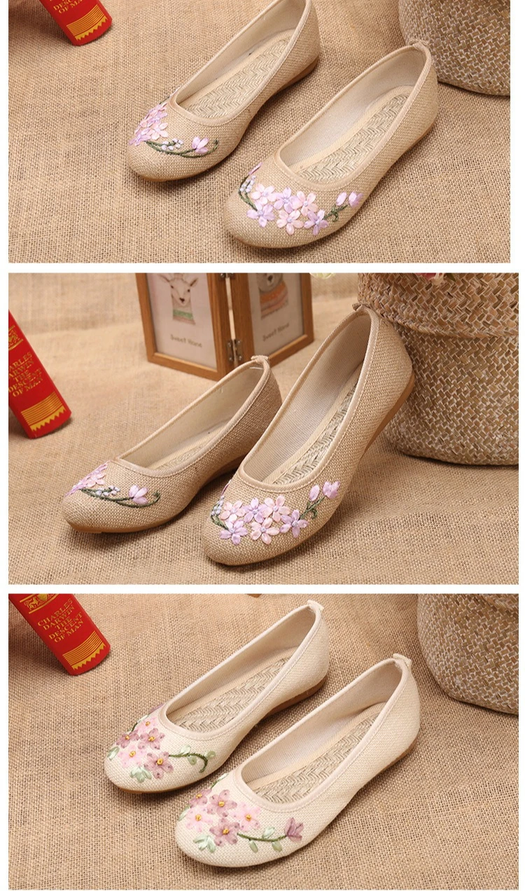 Chinese Women Flower Embroidered Flat Shoes Comfortable and Breathable Cotton and Linen Fabric Round Toe Shallow Casual Shoes