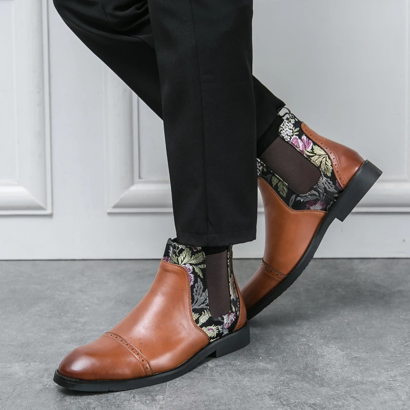 Chinese Style Jacquard Chelsea Boots Elasti Fashionable Personalized Business Leisure Office Wedding Banquet Trendy Boots