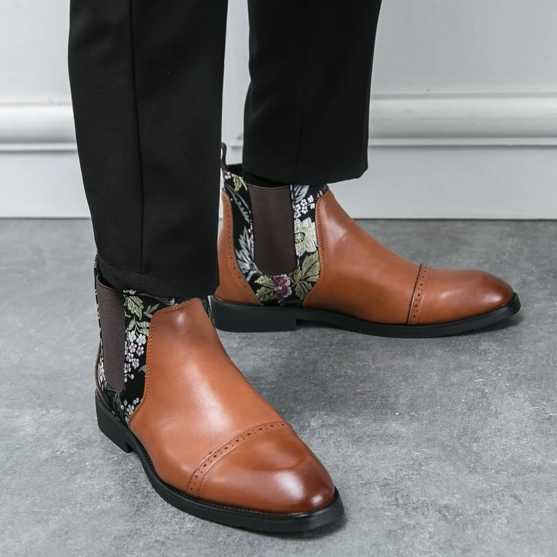 Chinese Style Jacquard Chelsea Boots Elasti Fashionable Personalized Business Leisure Office Wedding Banquet Trendy Boots