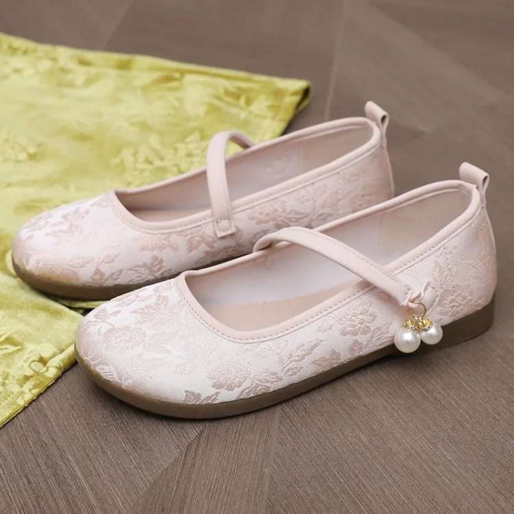 Women Chinese Style Old Beijing Cloth Shoes Pearl Buckle Elegant Comfortable Soft Bottom Shoes for Summer Flat Mary Jane Shoes