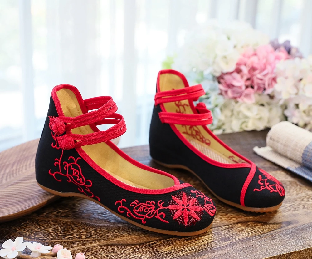 Veowalk Sunflower Embroidered Women Canvas Ballet Flats Ankle Strap Ladies Casual Cotton Chinese Embroidery Ballerina Shoes