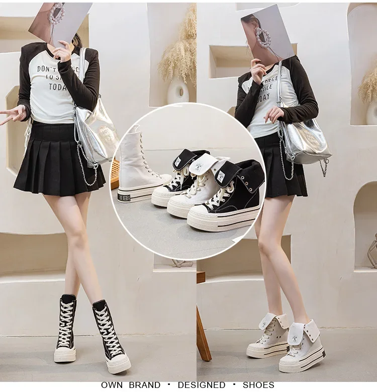 12CM High Brand Skateboard Breathable Heightening Shoes Denim Women Fashion Spring Ankle Boot High Brand Platform Wedge Autumn