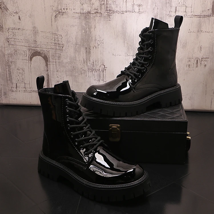 men's casual patent leather boots black stylish platform shoes party nightclub dress cowboy high boot handsome motorcycle botas