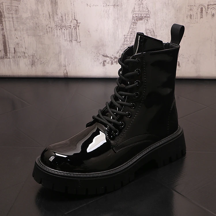 men's casual patent leather boots black stylish platform shoes party nightclub dress cowboy high boot handsome motorcycle botas