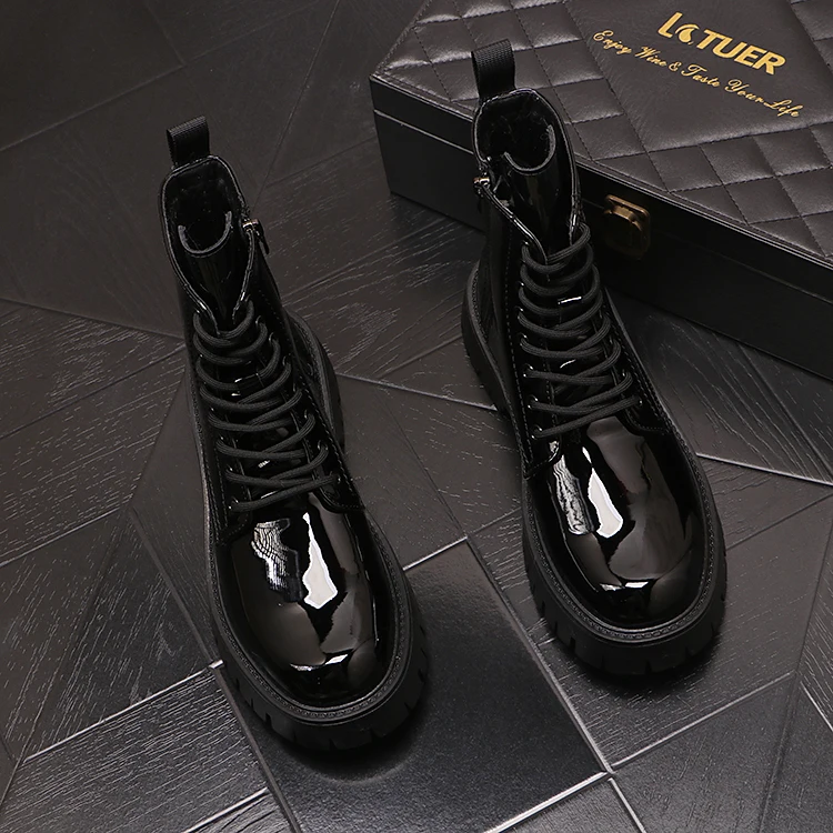 men's casual patent leather boots black stylish platform shoes party nightclub dress cowboy high boot handsome motorcycle botas