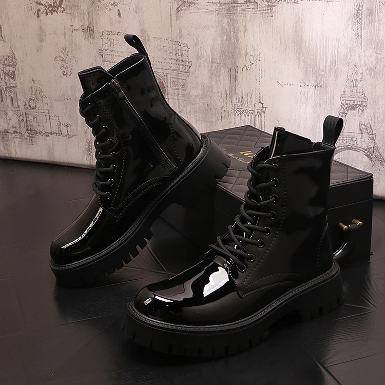 men's casual patent leather boots black stylish platform shoes party nightclub dress cowboy high boot handsome motorcycle botas