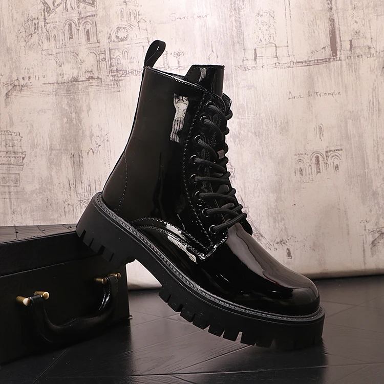 men's casual patent leather boots black stylish platform shoes party nightclub dress cowboy high boot handsome motorcycle botas