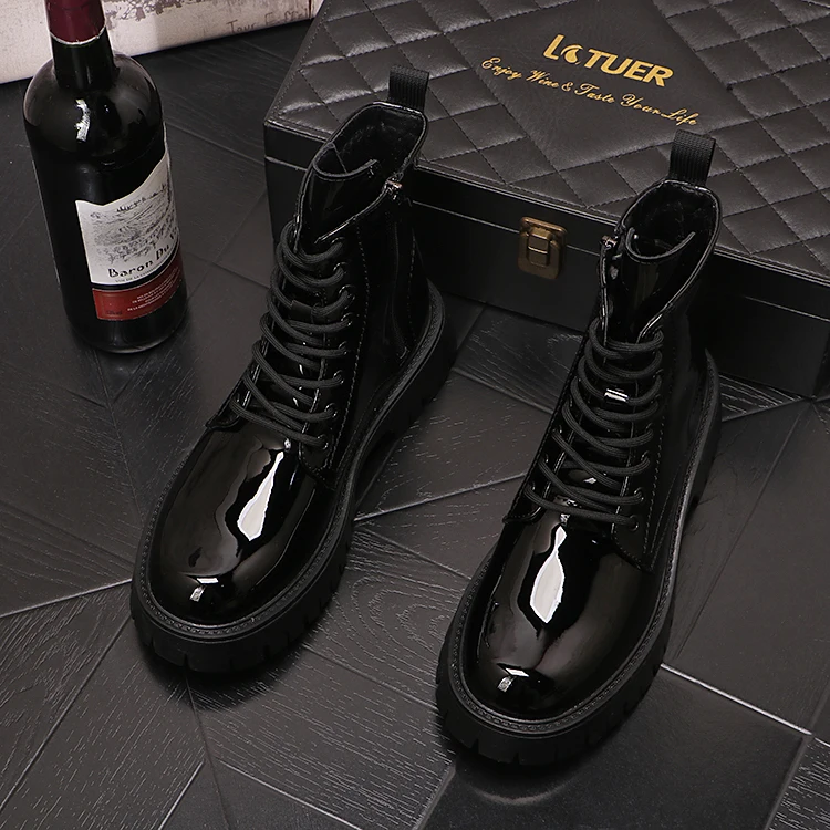 men's casual patent leather boots black stylish platform shoes party nightclub dress cowboy high boot handsome motorcycle botas