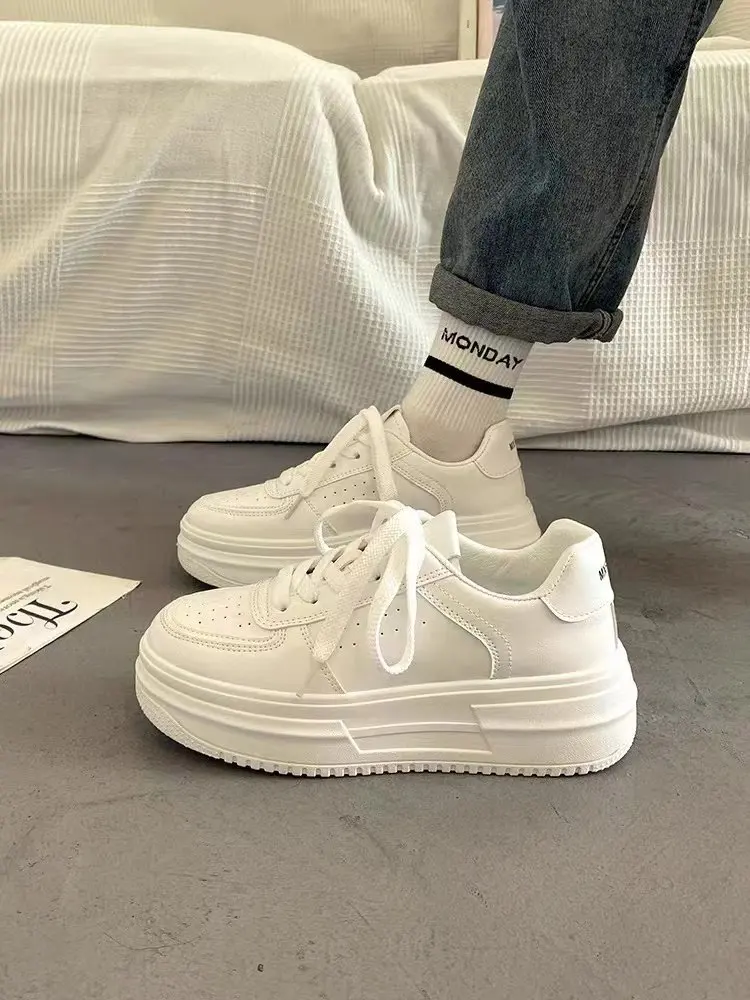 Thick soled white shoes for women's new shallow casual sports shoes, women's lace up height increasing running board shoes