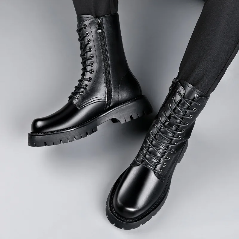 mens leisure party nightclub dress high motorcycle boots black autumn winter shoes cowboy platform boot lace-up long botas male