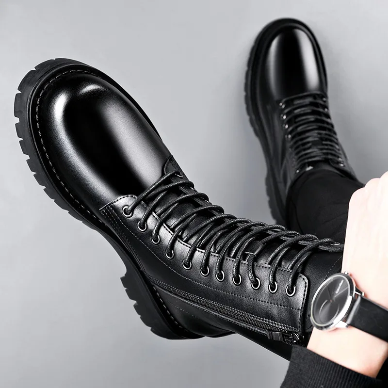 mens leisure party nightclub dress high motorcycle boots black autumn winter shoes cowboy platform boot lace-up long botas male