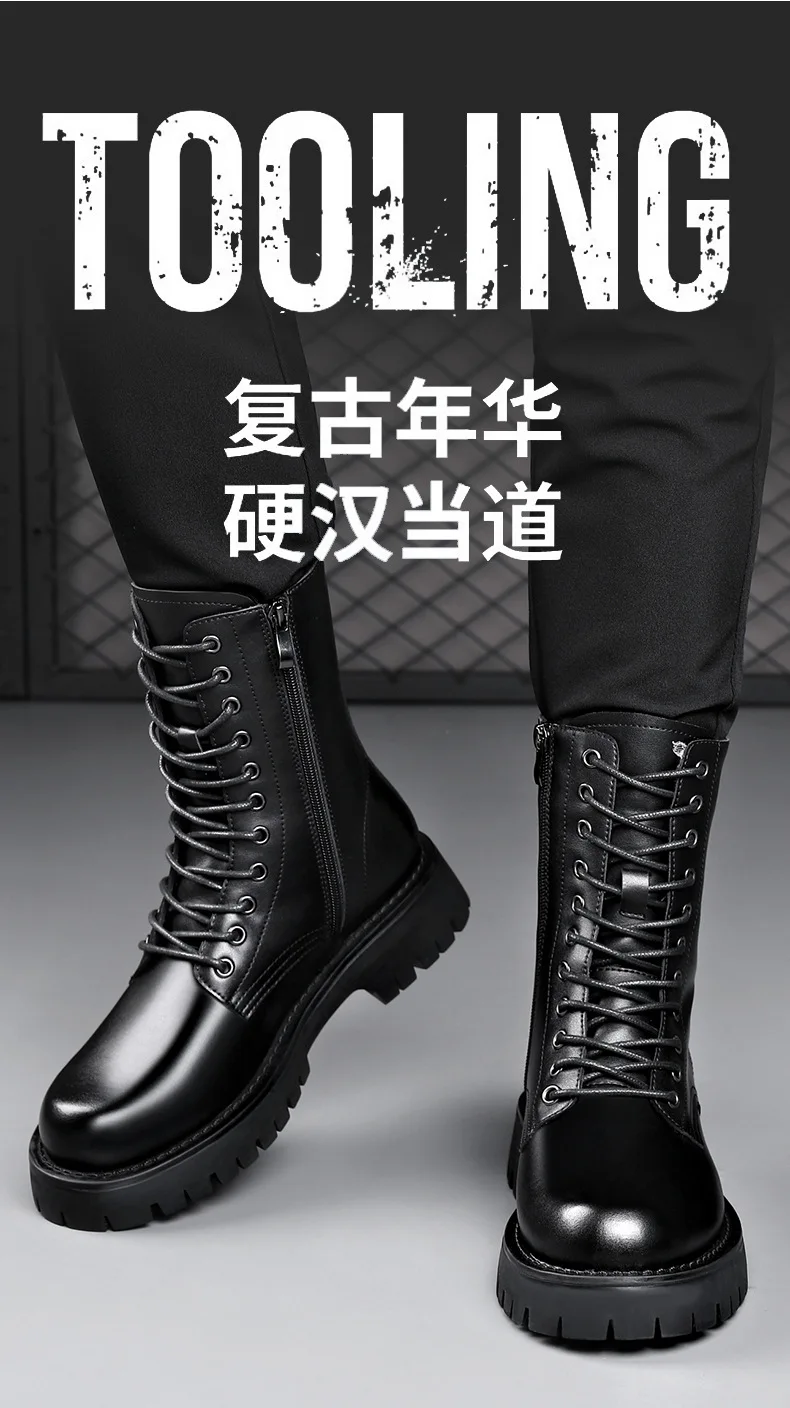 mens leisure party nightclub dress high motorcycle boots black autumn winter shoes cowboy platform boot lace-up long botas male
