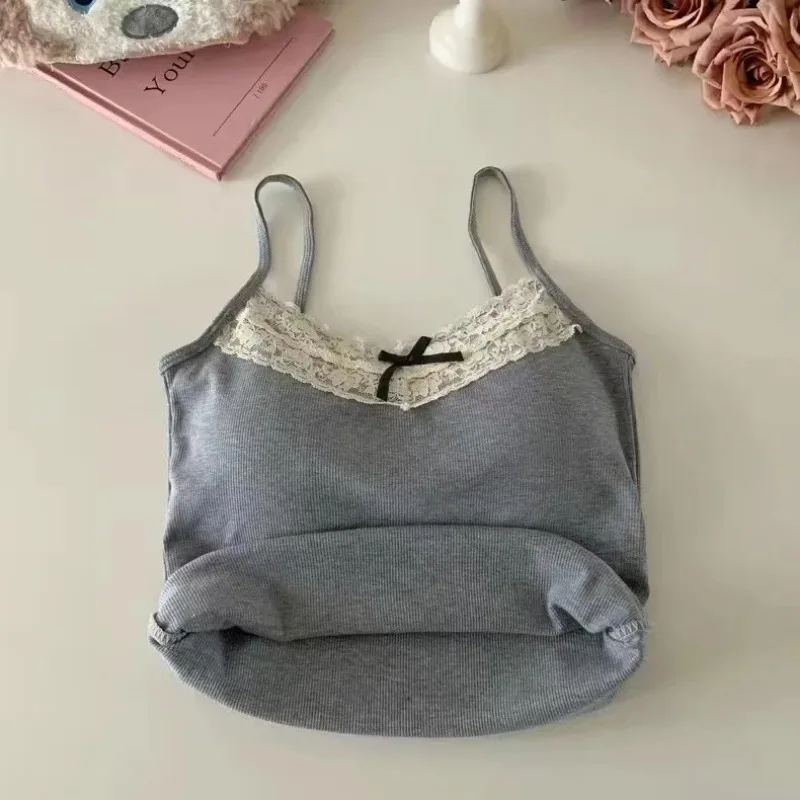 New Knitted Crop Top For Women Solid Color Lace Sling Tops Knitwear Tank Top Female Sexy Slim Camisole Sweet Short Beau Back Top