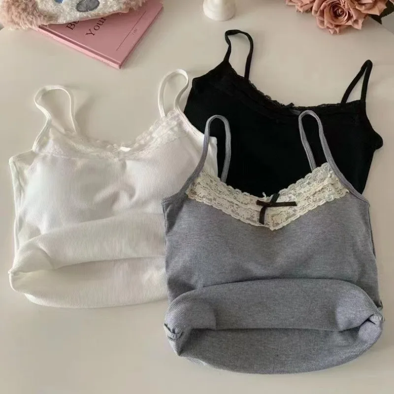 New Knitted Crop Top For Women Solid Color Lace Sling Tops Knitwear Tank Top Female Sexy Slim Camisole Sweet Short Beau Back Top