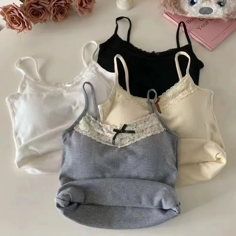 New Knitted Crop Top For Women Solid Color Lace Sling Tops Knitwear Tank Top Female Sexy Slim Camisole Sweet Short Beau Back Top