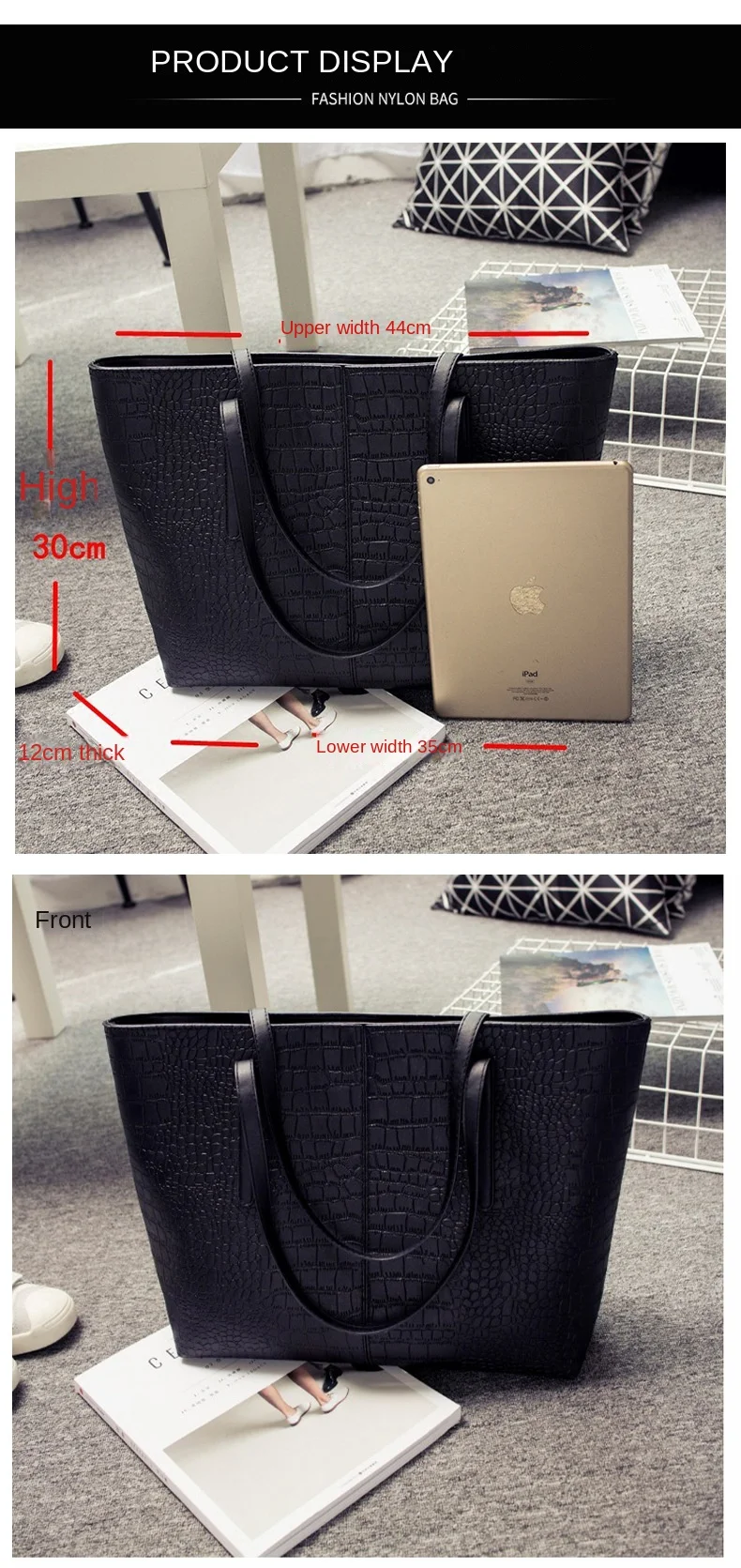 2025 Designer Faux Croc-Textured Tote Bag Women's PU Leather Large Spacious Work Commute Beach Shopper Water-resistant Zipper