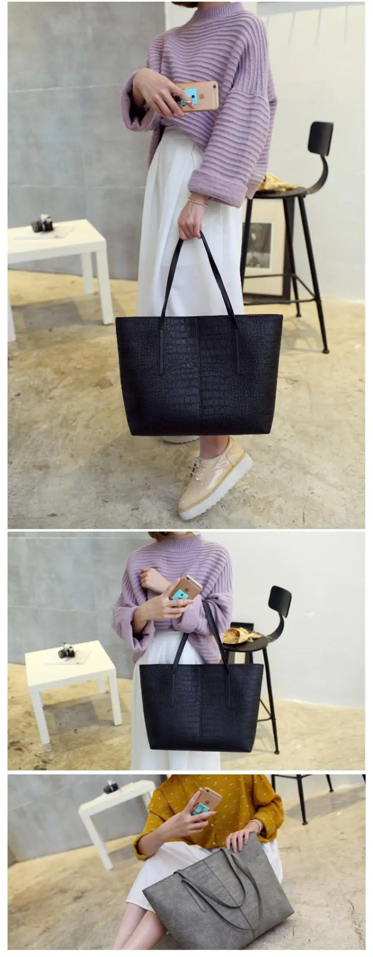 2025 Designer Faux Croc-Textured Tote Bag Women's PU Leather Large Spacious Work Commute Beach Shopper Water-resistant Zipper