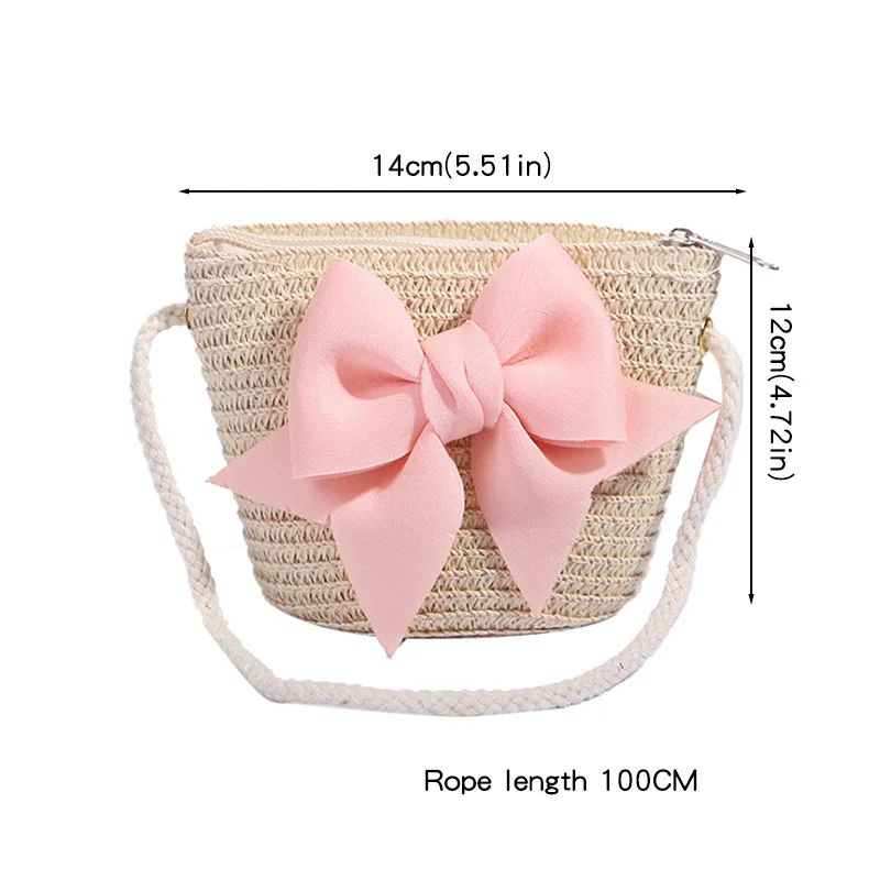 New Pink Bow Girl Bags Zipper Woven Straw Kids Princess Messenger Bags Outdoor Travel Keys Candy Crossbody Bags