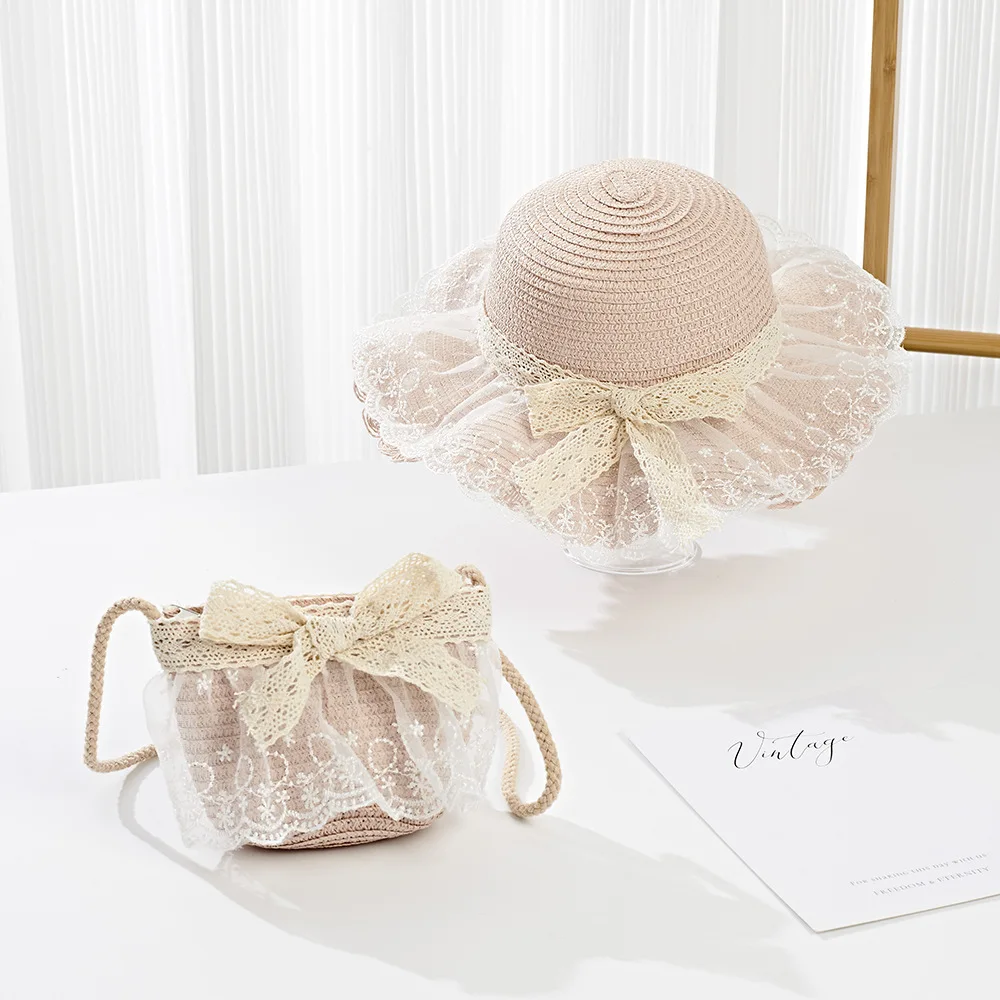 2025 Baby Girls Straw Shoulder Bag  Summer Fashion Beach Bucket Cap Parent-Child Wide Brim Lace Holiday Beach  Bag