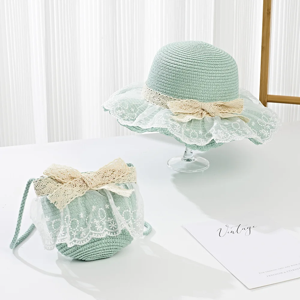 2025 Baby Girls Straw Shoulder Bag  Summer Fashion Beach Bucket Cap Parent-Child Wide Brim Lace Holiday Beach  Bag