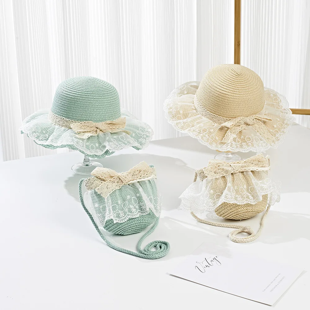 2025 Baby Girls Straw Shoulder Bag  Summer Fashion Beach Bucket Cap Parent-Child Wide Brim Lace Holiday Beach  Bag