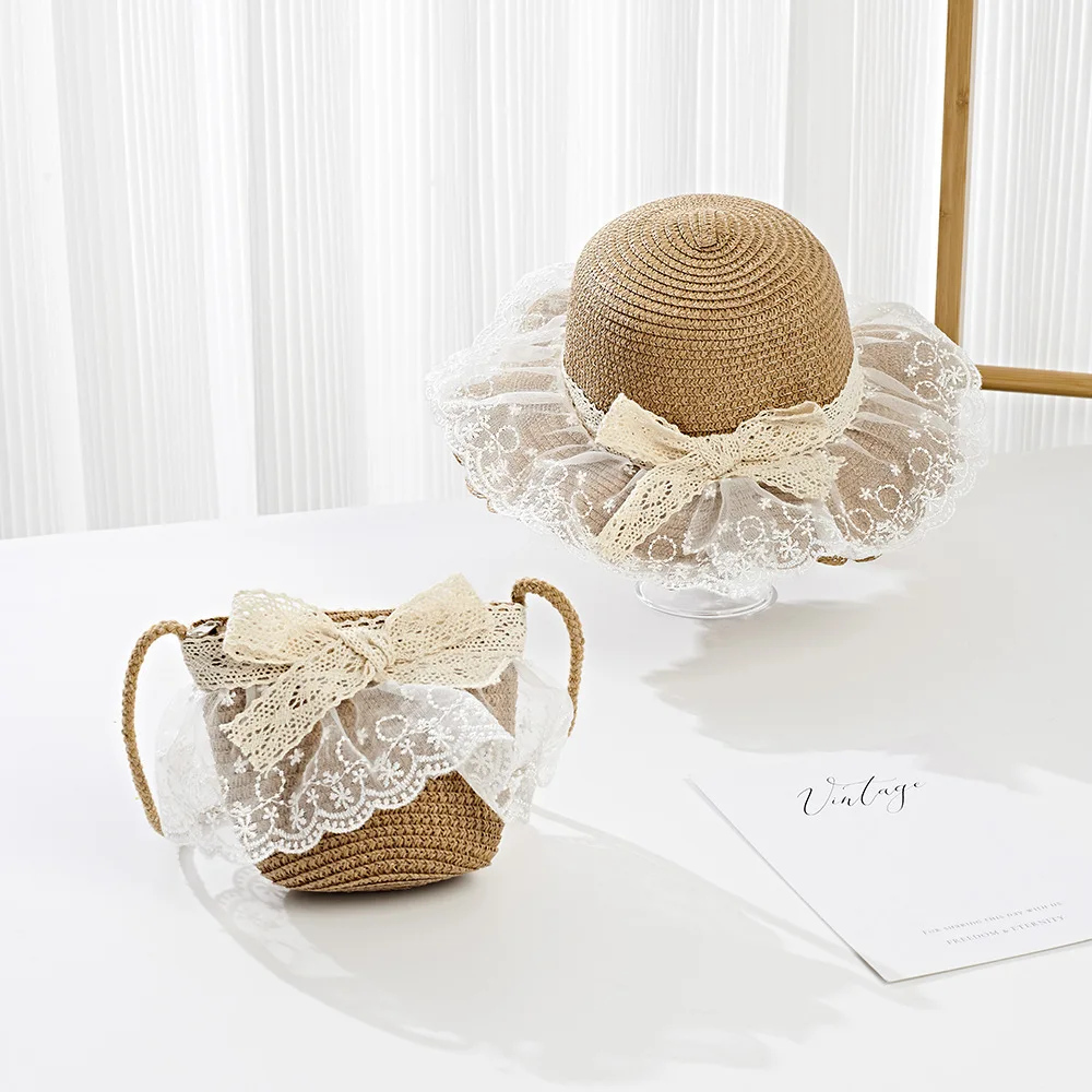 2025 Baby Girls Straw Shoulder Bag  Summer Fashion Beach Bucket Cap Parent-Child Wide Brim Lace Holiday Beach  Bag