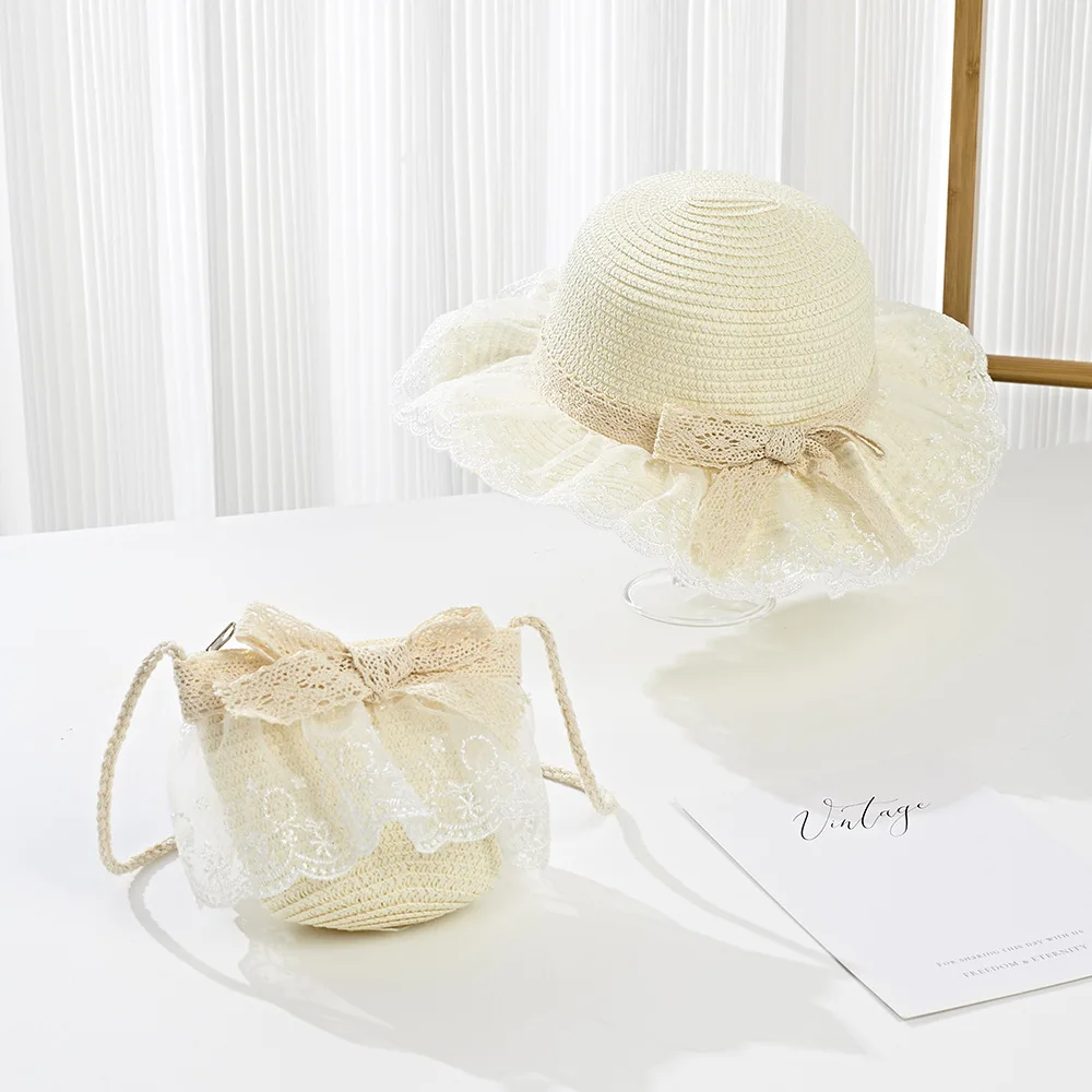 2025 Baby Girls Straw Shoulder Bag  Summer Fashion Beach Bucket Cap Parent-Child Wide Brim Lace Holiday Beach  Bag