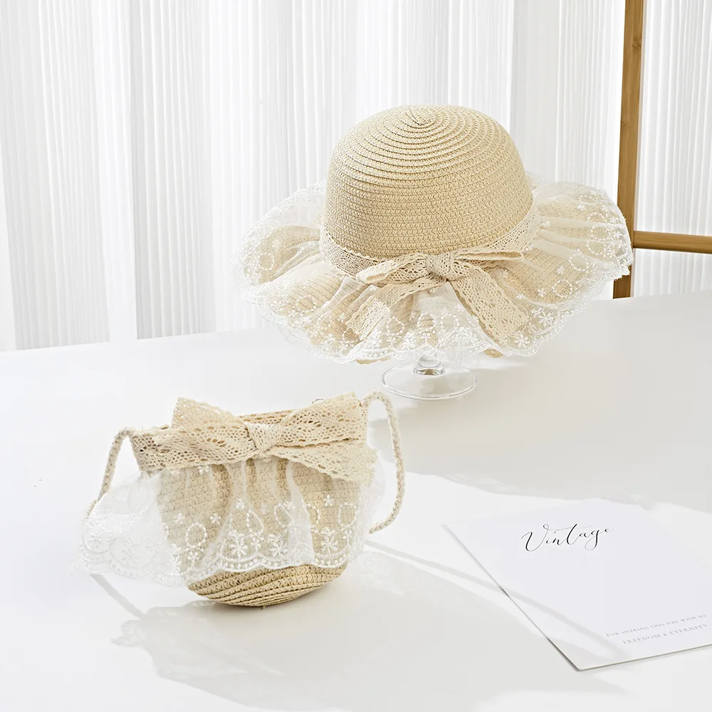 2025 Baby Girls Straw Shoulder Bag  Summer Fashion Beach Bucket Cap Parent-Child Wide Brim Lace Holiday Beach  Bag