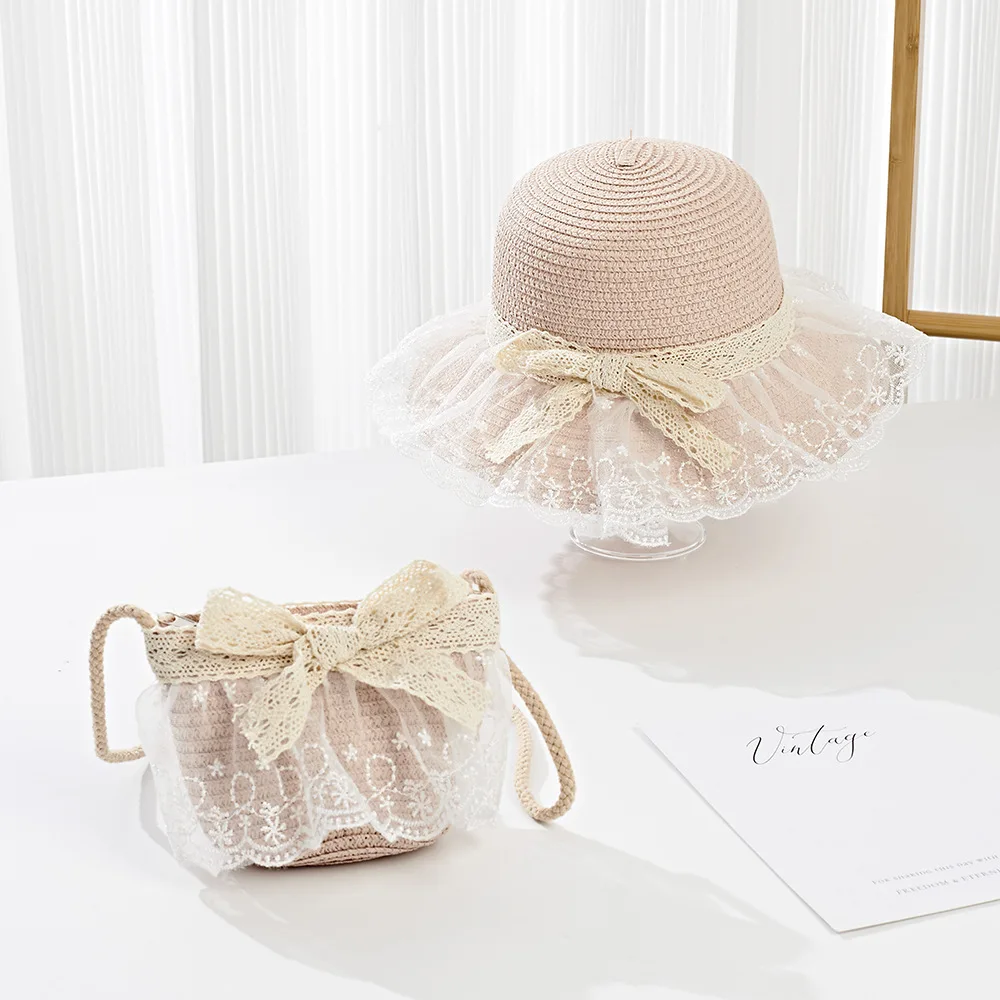 2025 Baby Girls Straw Shoulder Bag  Summer Fashion Beach Bucket Cap Parent-Child Wide Brim Lace Holiday Beach  Bag