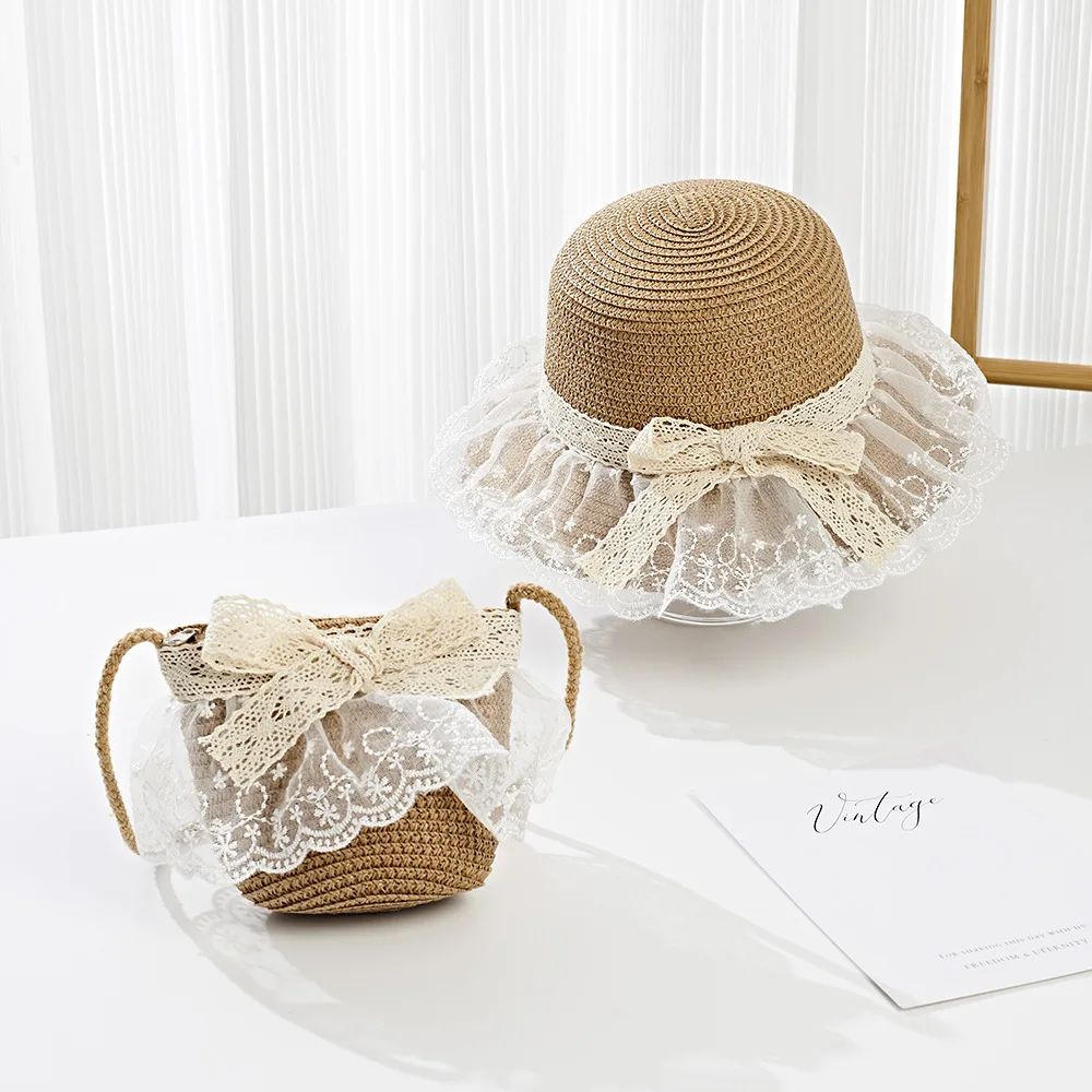 2025 Baby Girls Straw Shoulder Bag  Summer Fashion Beach Bucket Cap Parent-Child Wide Brim Lace Holiday Beach  Bag