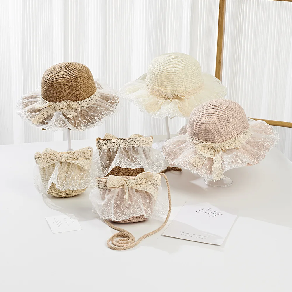 2025 Baby Girls Straw Shoulder Bag  Summer Fashion Beach Bucket Cap Parent-Child Wide Brim Lace Holiday Beach  Bag
