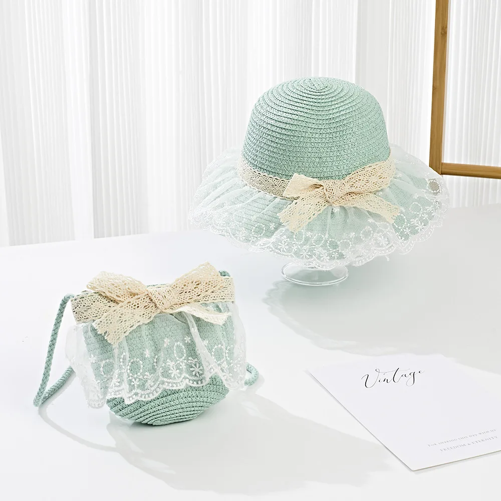 2025 Baby Girls Straw Shoulder Bag  Summer Fashion Beach Bucket Cap Parent-Child Wide Brim Lace Holiday Beach  Bag