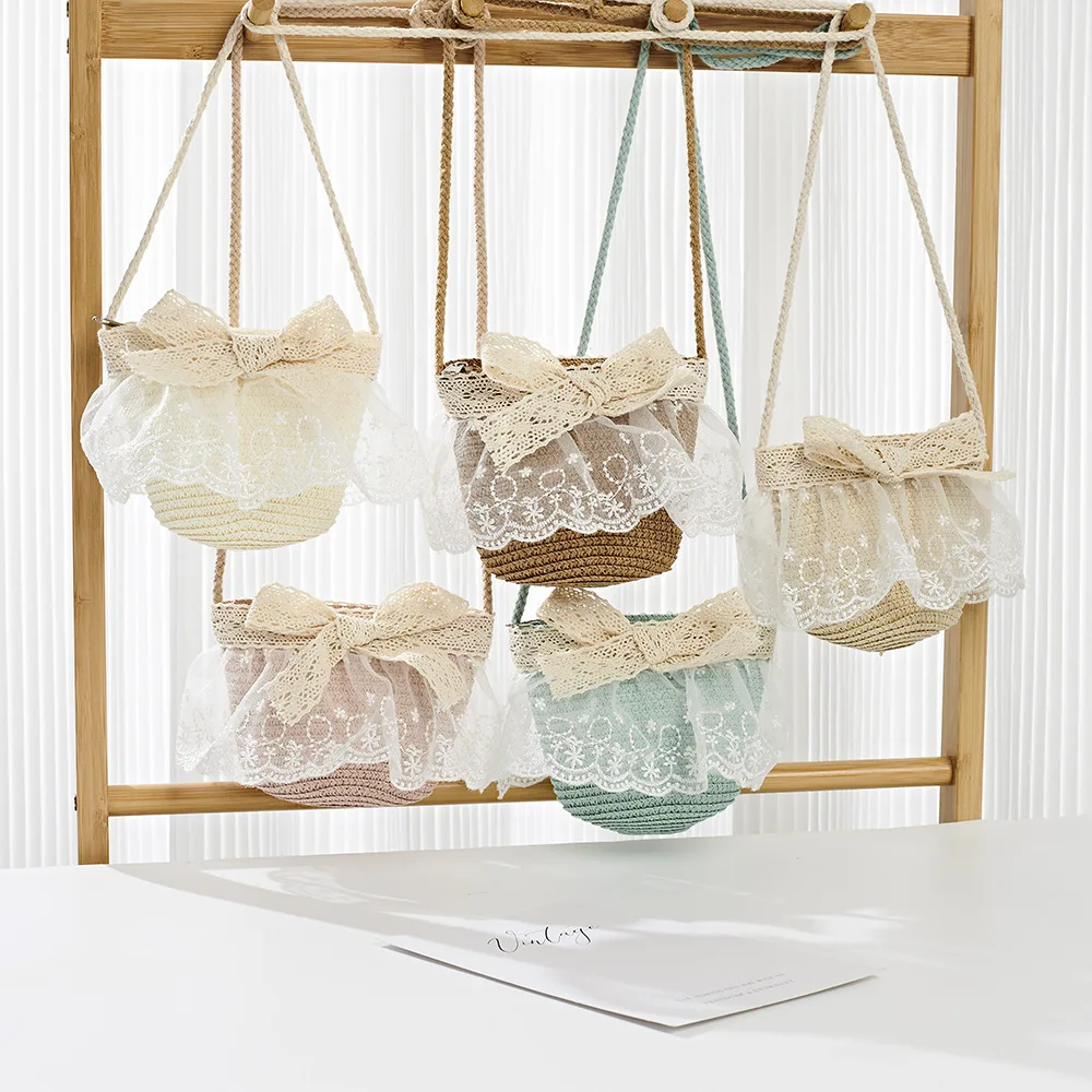 2025 Baby Girls Straw Shoulder Bag  Summer Fashion Beach Bucket Cap Parent-Child Wide Brim Lace Holiday Beach  Bag