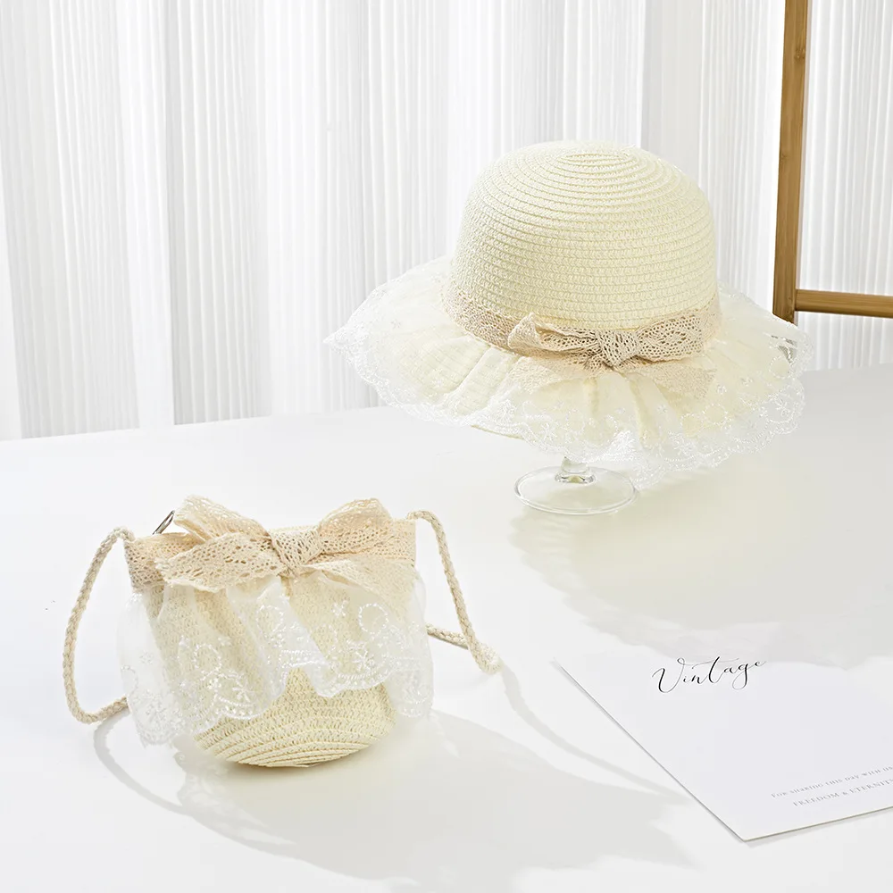 2025 Baby Girls Straw Shoulder Bag  Summer Fashion Beach Bucket Cap Parent-Child Wide Brim Lace Holiday Beach  Bag