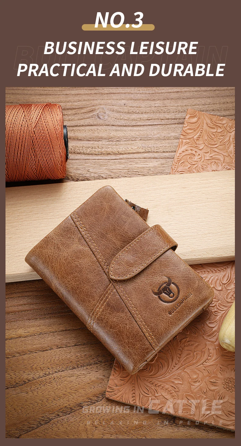 BULLCAPTAIN Men's Genuine Leather Wallet Retro Casual Snap Tri-fold Cash Clip RFID Anti-Theft Card Holder Detachable Coin Holder