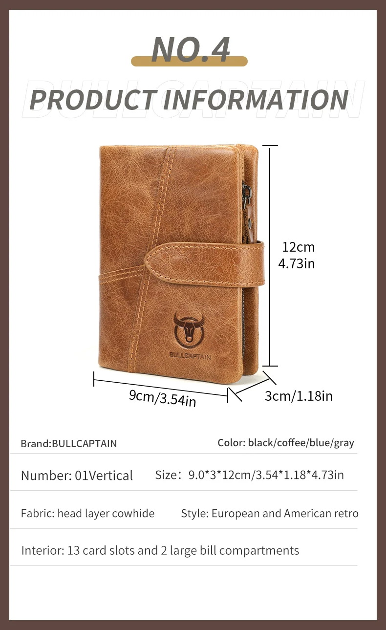 BULLCAPTAIN Men's Genuine Leather Wallet Retro Casual Snap Tri-fold Cash Clip RFID Anti-Theft Card Holder Detachable Coin Holder