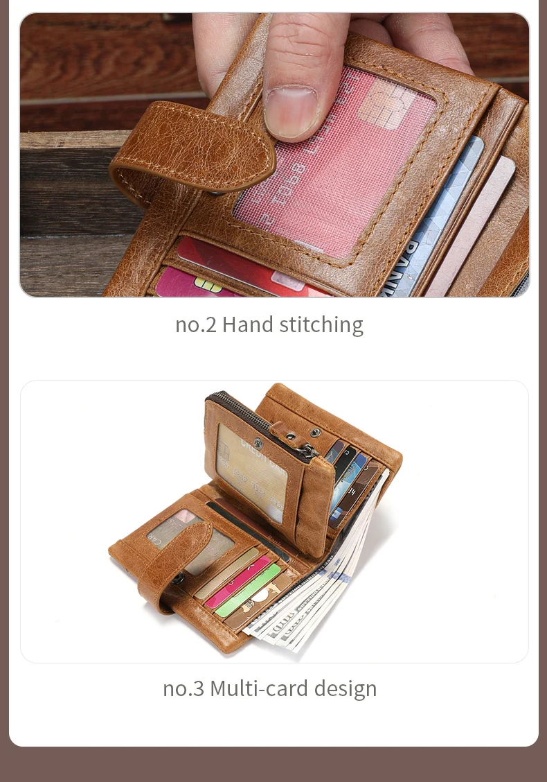 BULLCAPTAIN Men's Genuine Leather Wallet Retro Casual Snap Tri-fold Cash Clip RFID Anti-Theft Card Holder Detachable Coin Holder