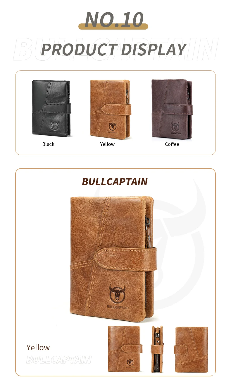 BULLCAPTAIN Men's Genuine Leather Wallet Retro Casual Snap Tri-fold Cash Clip RFID Anti-Theft Card Holder Detachable Coin Holder