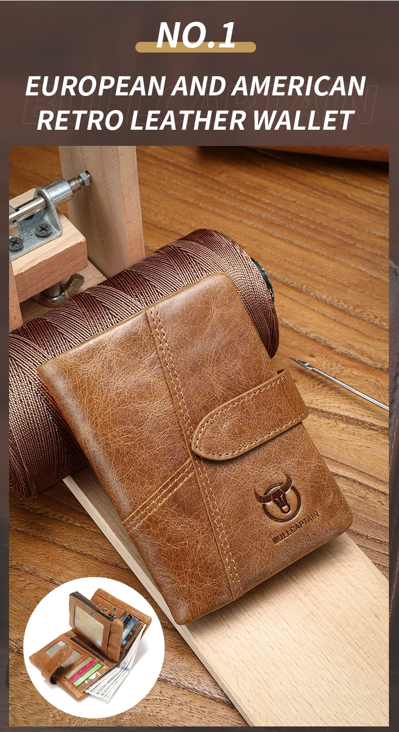 BULLCAPTAIN Men's Genuine Leather Wallet Retro Casual Snap Tri-fold Cash Clip RFID Anti-Theft Card Holder Detachable Coin Holder